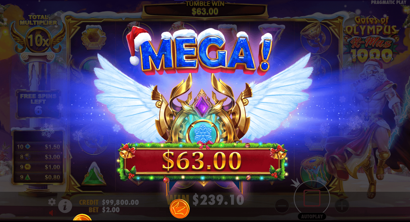 Gates of Olympus Xmas 1000 Mega Win Screen