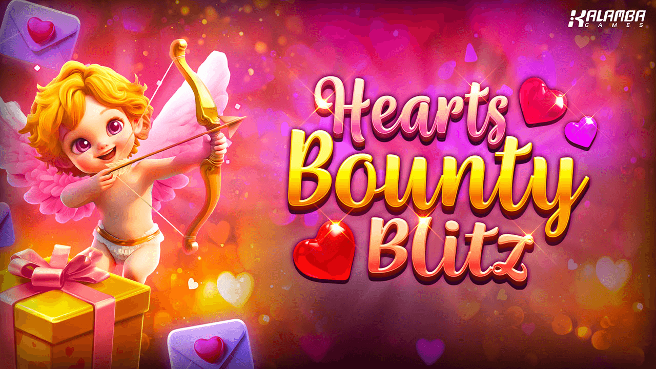 Hearts Bounty Blitz slot artwork by Kalamba Games, with a Valentine treasure-and-hearts theme and bold title text in it